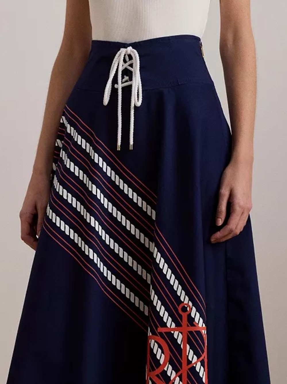 Ralph Lauren Rope Nautical Print Navy Midi Skirt Twill Lace 22W NWT Bear Preppy - Picture 4 of 5